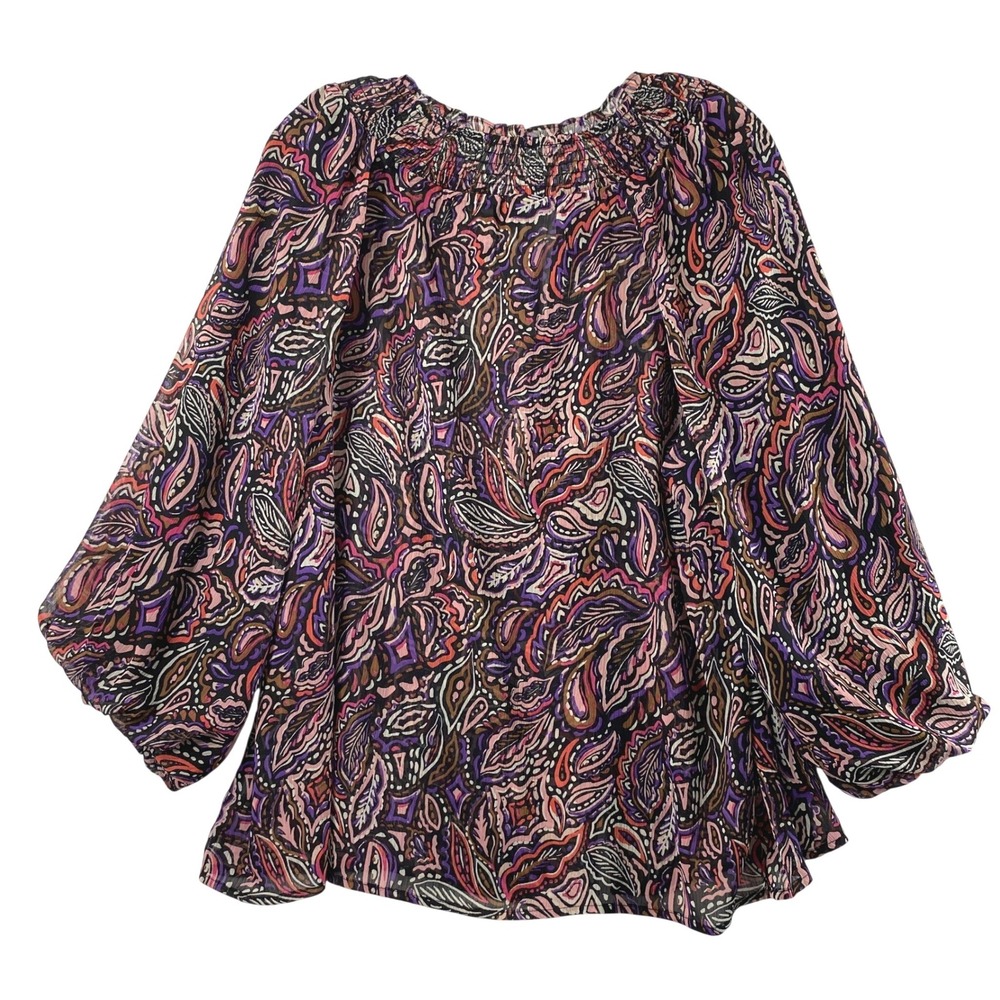 Sanctuary Blouse Women XL Floral Leaf Smocked Neck Balloon Sleeve Boho Sheer Top - Picture 2 of 12